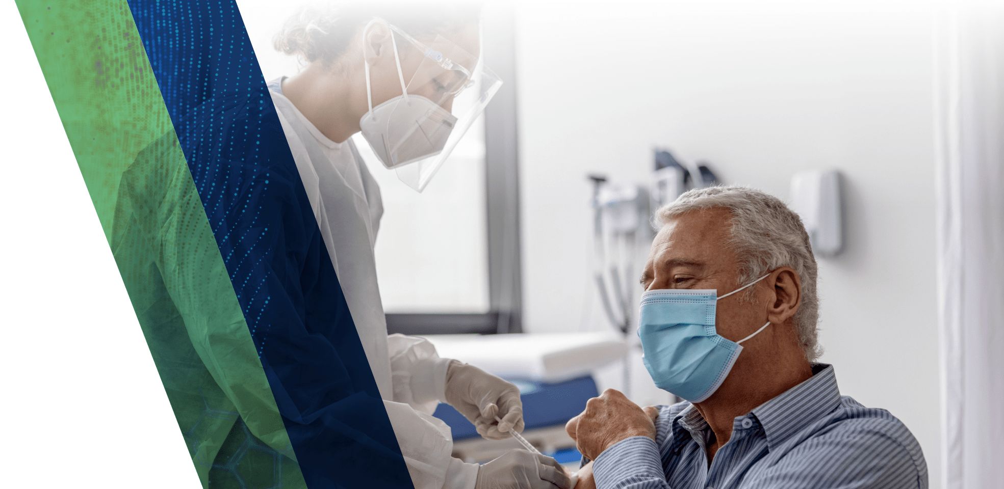 A medical professional in protective gear takes a blood sample from a patient wearing a medical mask.