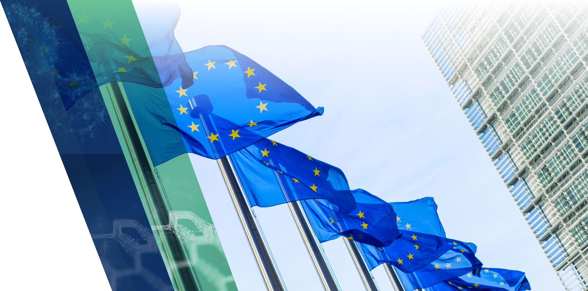 A row of many European Union flags wave in the wind.