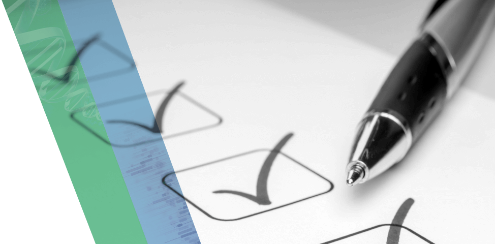 A pen rests on a paper with a series of completed checkboxes.