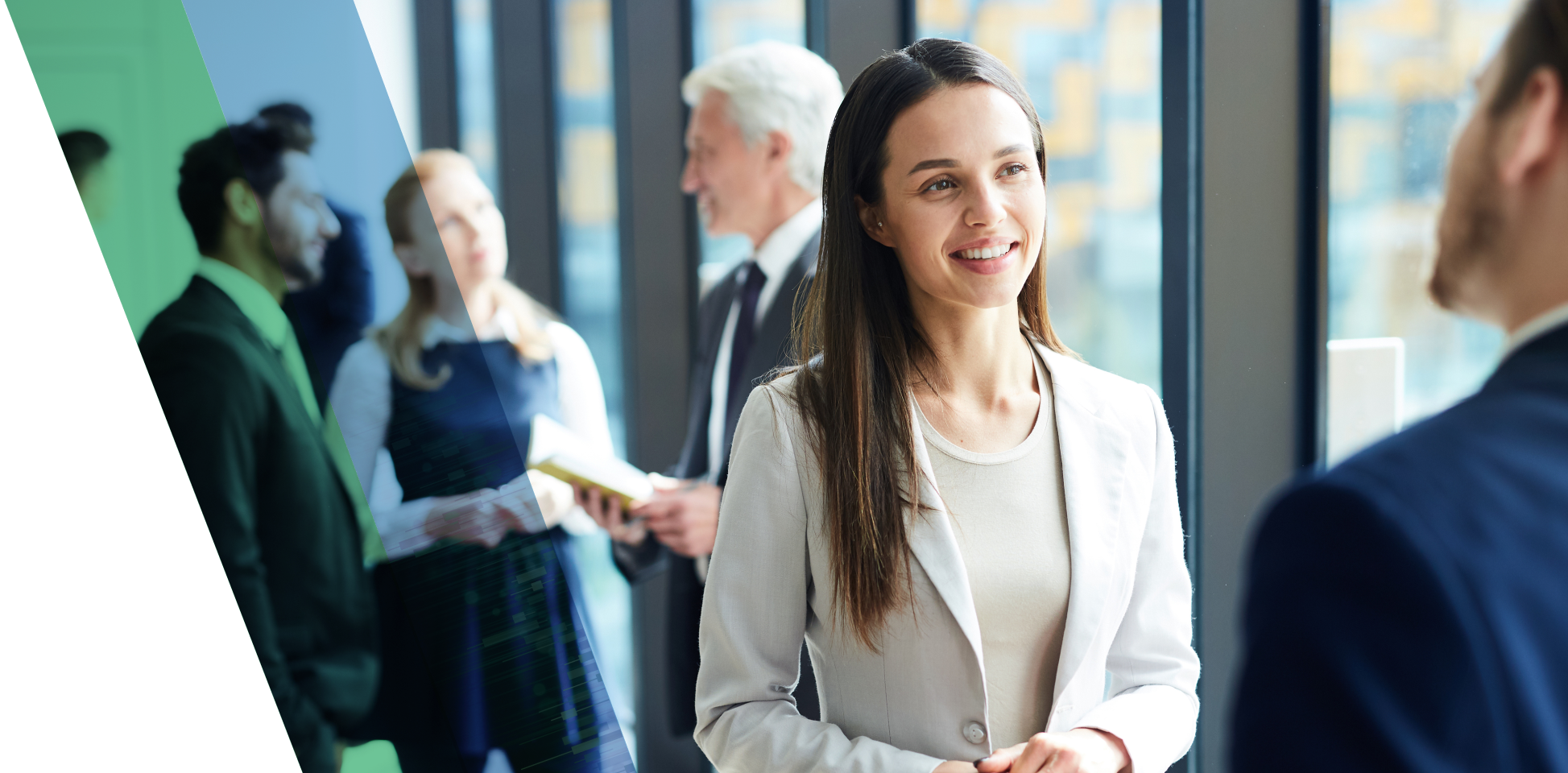 A professional mingles at a conference with cohorts.